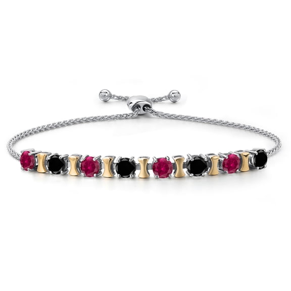 Gem Stone King 925 Silver and 10K Yellow Gold Red Created Ruby and Black Diamond Bracelet for Women | 2.08 Cttw | Gemstone July Birthstone | Round 4MM | Adjustable up to 9 inch