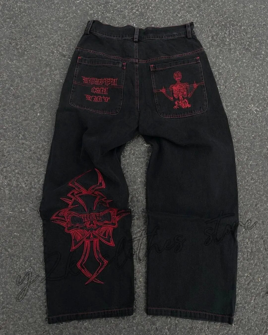 Jeans Unisex De Pierna Ancha Con Estampado Y2K - Estilo Hip Hop, Cintura Alta, Bolsillos Grandes, Moda Gótica Y Vintage