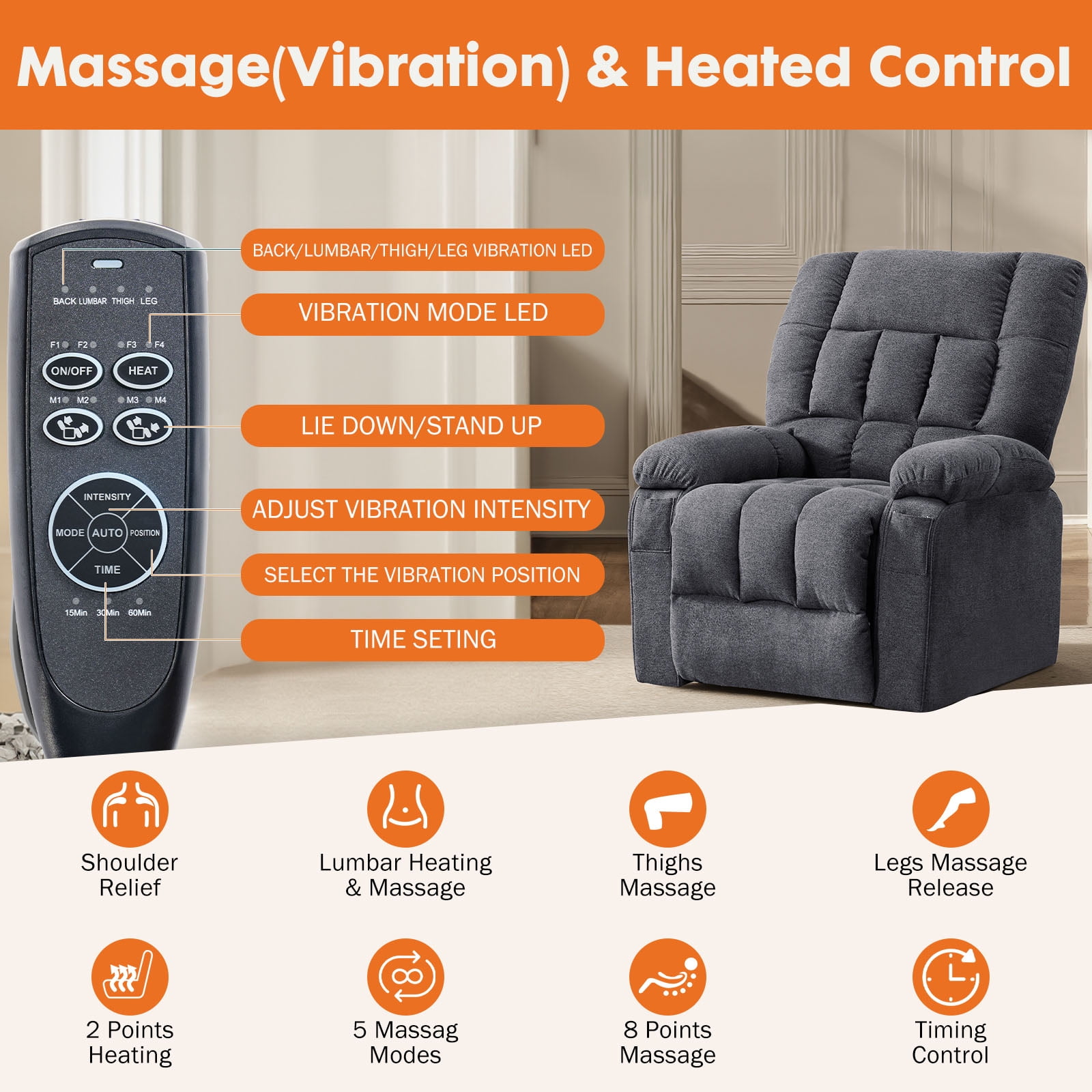 edx Power Lift Recliner Chair, Recliner for Elderly with Massage and Heating, with Remote Control, Cup Holder, Side Pocket, Grey