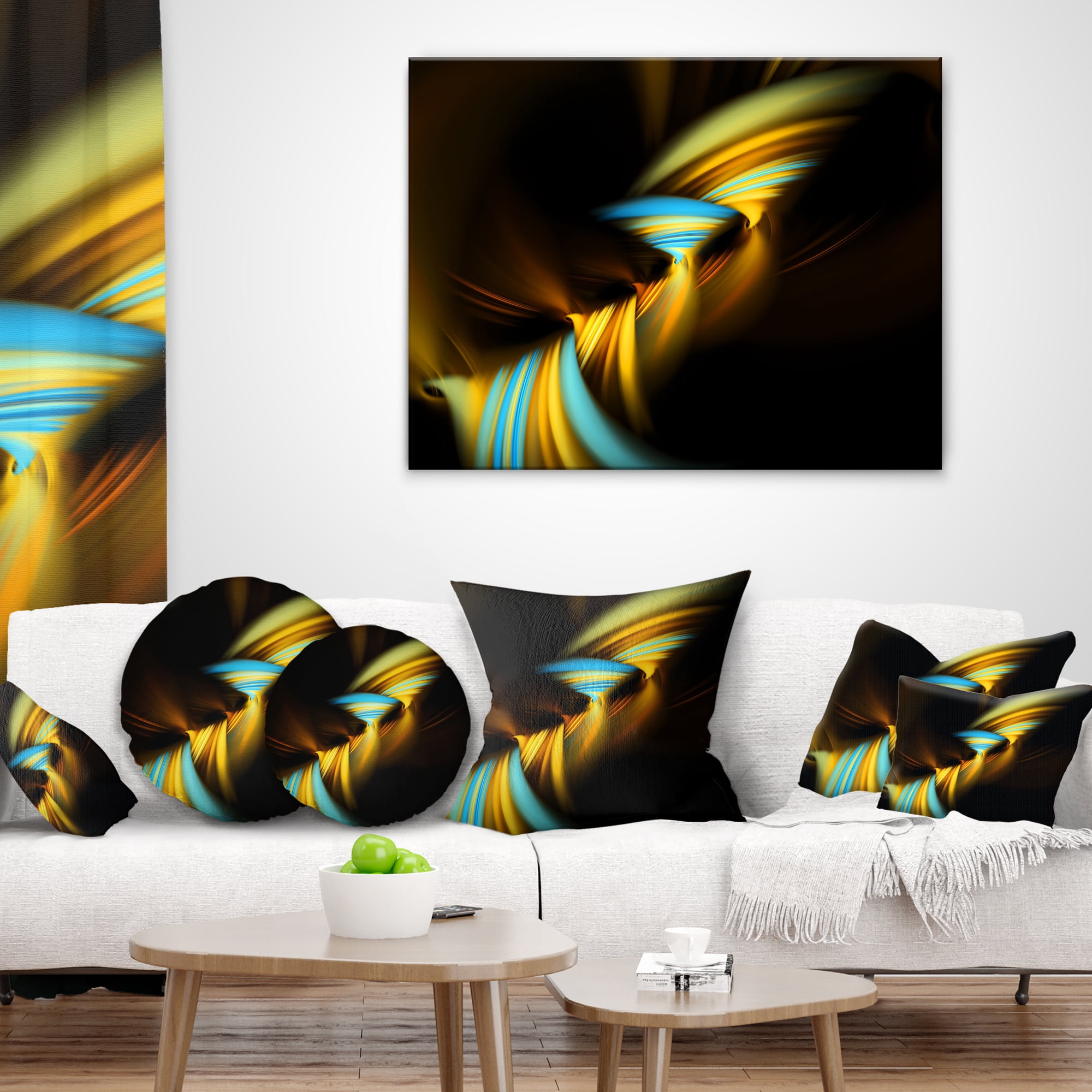 Designart Fractal 3D Layers Yellow Blue - Contemporary Throw Pillow - 18x18
