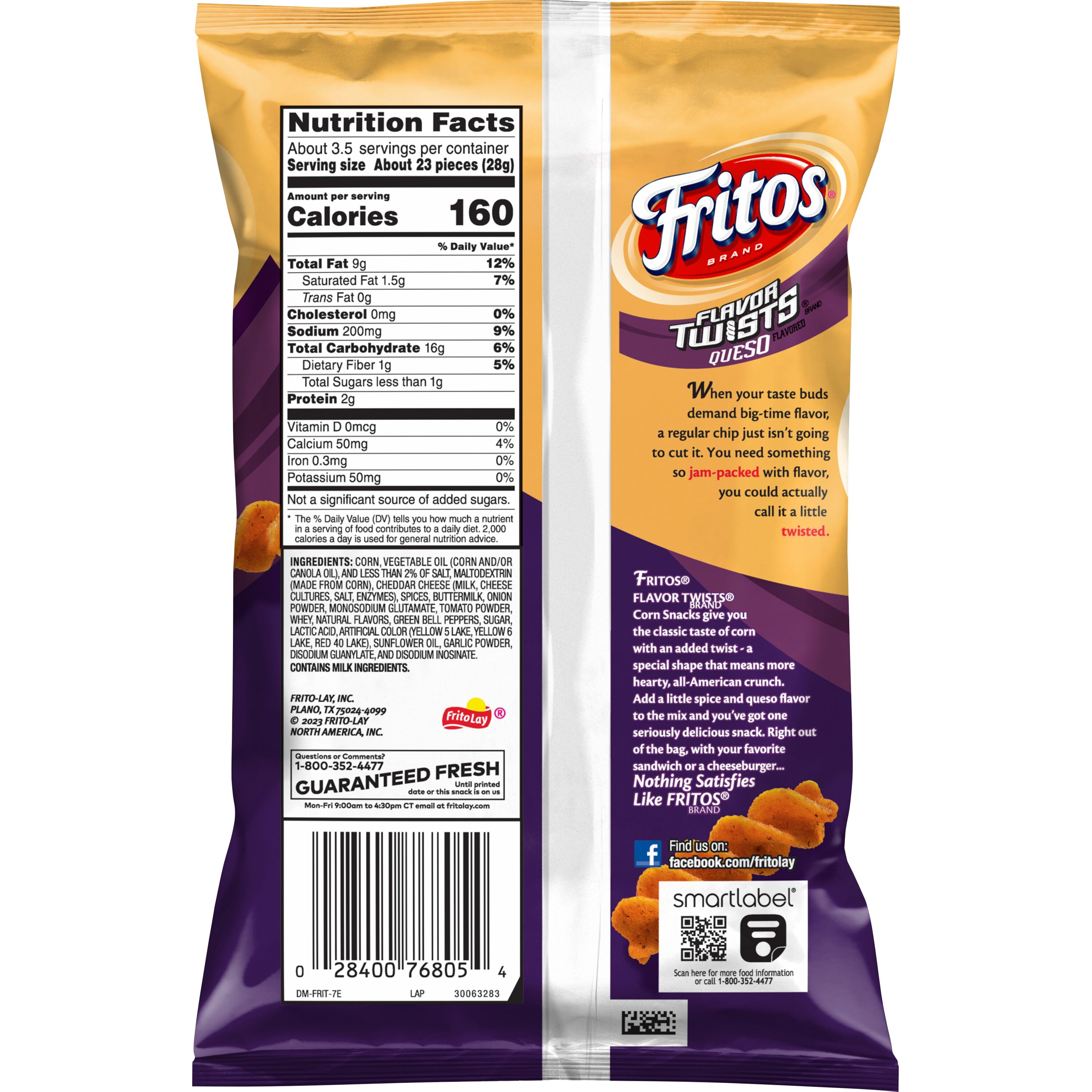 Fritos Flavor Twists Corn Chips Queso Flavored 3.375 oz Bag