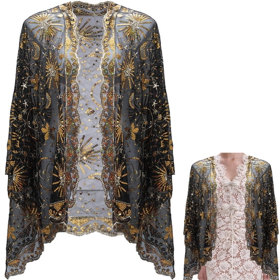 Black Sequin Shawls and Wraps 1920s Gold Sequins Beaded Shawl Wrap Long Womens Polyester Sheer Mesh Flapper Evening Scarf for Women Formal Party Wedding Dress Bridal Cover Up Accessories DIY