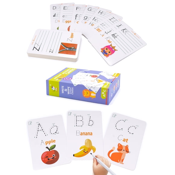 Dry Erase Alphabet , Number , Animal and Math Flash Cards - Write and Wipe Laminated ABC Letter Tracing Practice Card for Kindergarten (30 Flashcards with 1Pen and 1Wiping Cloth)