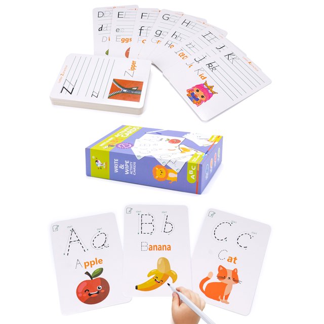 Dry Erase Alphabet , Number , Animal and Math Flash Cards - Write and Wipe Laminated ABC Letter Tracing Practice Card for Kindergarten (30 Flashcards with 1Pen and 1Wiping Cloth)