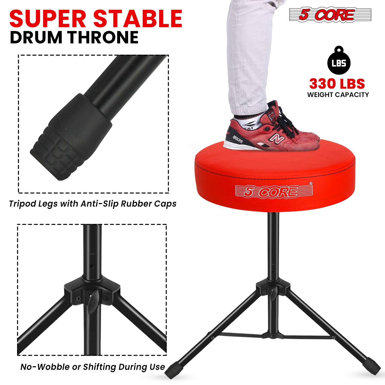 3” High-Density Sponge Drum Throne - Adjustable 17”-24” Musician Stool with Non-Slip Base, 330 lbs Capacity for Drummers & Guitarists