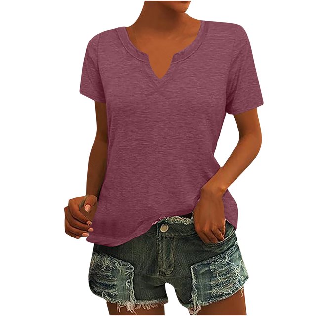Timegard Hauts pour Femmes Manches Courtes Blouse Col en V Tee Confortable Couleur Unie Tunique Décontractée d'Été