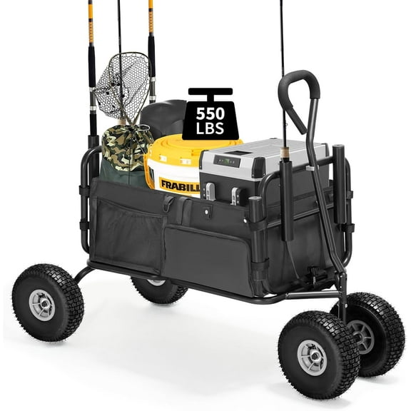Fishing Cart Beach Cart Collapsible Wagon with 11”All Terrain Big Wheels,Heavy-Duty Garden Carts with 6 Holders and Storage Pocket for Outdoor,Fishing, Picnic