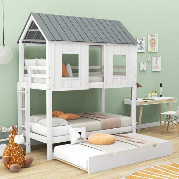 EUROCO Twin Size House Bunk Bed with Roof and Trundle for Kids Teens Bedroom, White