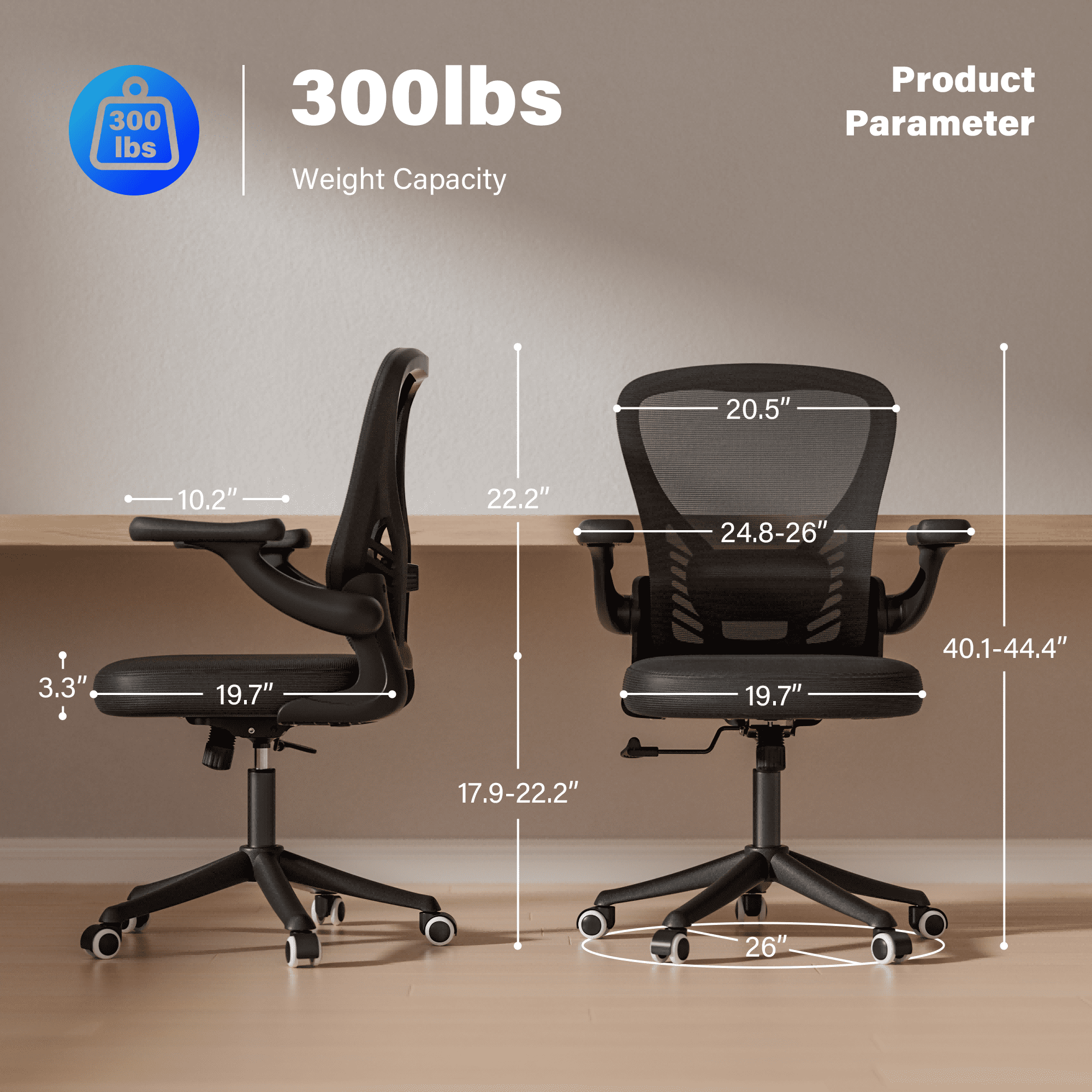 HomeZeer Mesh Office Desk Chair, Mid-Back Ergonomic Computer Desk Chair with Flip Up Armrest, Swivel Home Office Chair with Lumbar Support, Black