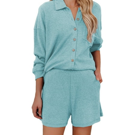 

Wrcnote Ladies Long Sleeve Elastic Waist Loungewear Straight Leg Fall Tops And Shorts Pajamas Sets Lapel Nightwear Light Blue M
