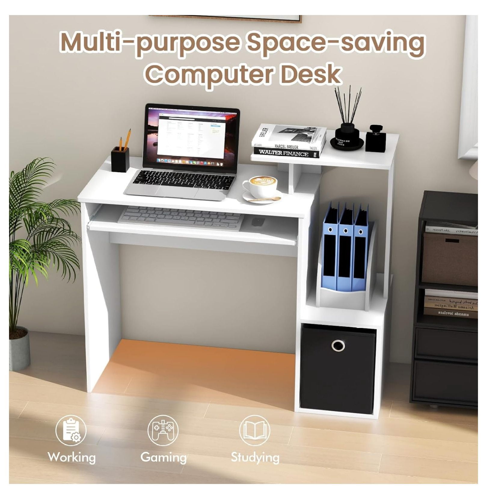 JZWAL White Computer Desk with Drawers & Keyboard Tray, Modern Home Office Desk with Storage Shelves & Printer Stand, Laptop PC Table for Workstation, Study Writing Desk for Small Spaces, Bedroom