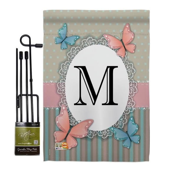 Breeze Decor BD-BG-GS-130143-IP-BO-D-US14-BD 13 x 18.5 in. Butterflies M Initial Garden Friends Bugs & Frogs Impressions Decorative Vertical Double Sided Flag Set with Banner Pole