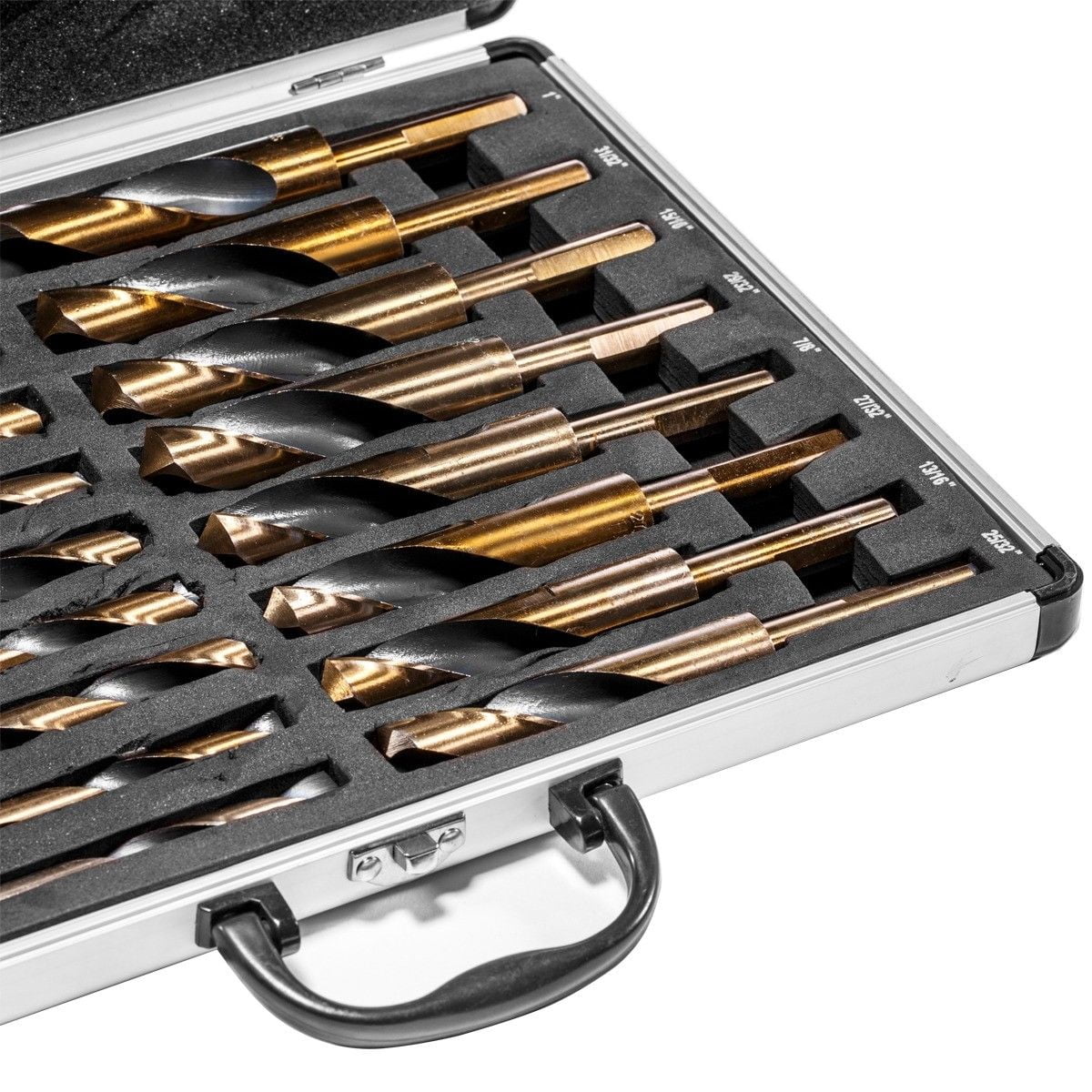 Stark USA 17PC Industrial Silver and Deming Large Drill Bit Set, 1/2" Reduced Shank In Aluminum Carry Case, M2 High Speed Steel, 135 Degree Split Point | SAE 9/16” - 1” By 1/32th Increment