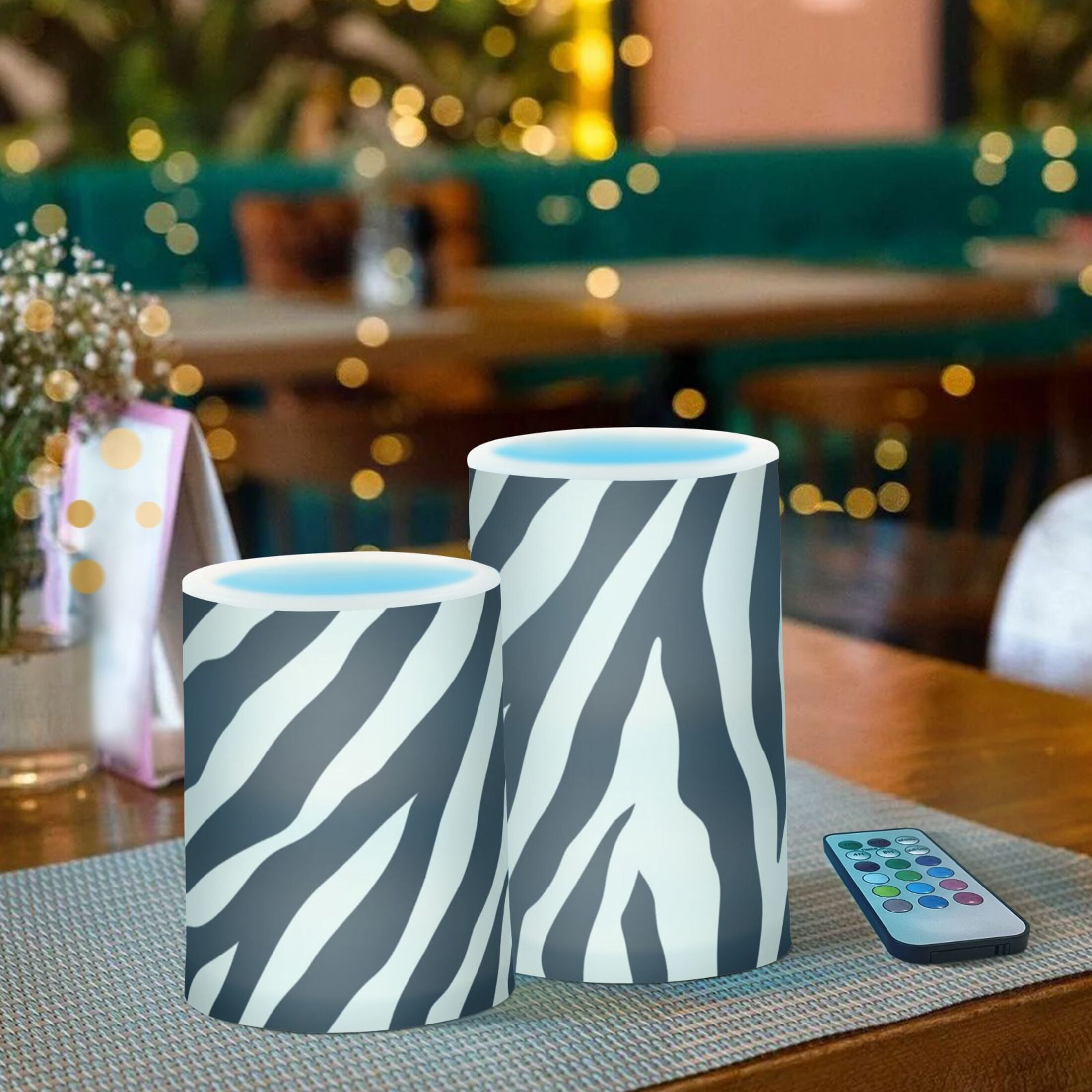 Black White Abstract Zebras Pattern Flickering Flameless Candles LED Tealight Battery Operated with Remote Set of 2 Holiday Decor Ornaments