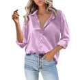 thumbnail image 2 of Satin Blouses for Women! Comdrip Women Satin Button Down Shirt Casual Long Sleeve V Neck Blouse Loose Business Work Tunic Tops Silk Button Down Shirts for Women Purple M, 2 of 5