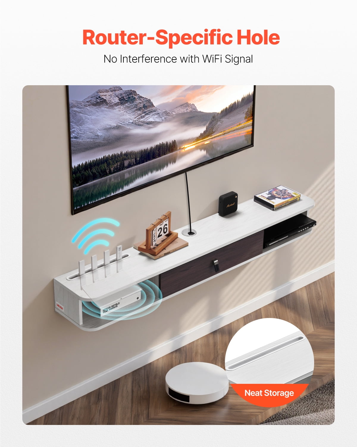 VEVOR Floating TV Stand, 55 in Wall Mount Entertainment Center with Cable Hole, Modern Floating TV Shelf with Storage Cabinet, Particle Board Console for DVD Player, Cable Box, Game Console, White