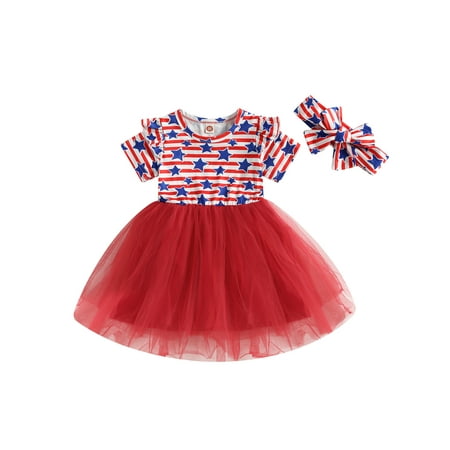 

Toddler Kids Baby Girls 4th of July Dress Short Sleeve American Flag Tulle Tutu Dress Independence Day Princess Dresses