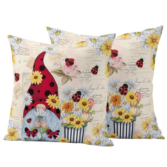 Outdoor Pillow Covers 20x20 Set of 2, Gnomes Daisy Farmhouse Waterproof Patio Throw Pillow Covers for Couch Sofa Chair, Pastoral Vintage Garden Floral Decorative Pillowcases for Throw Pillows