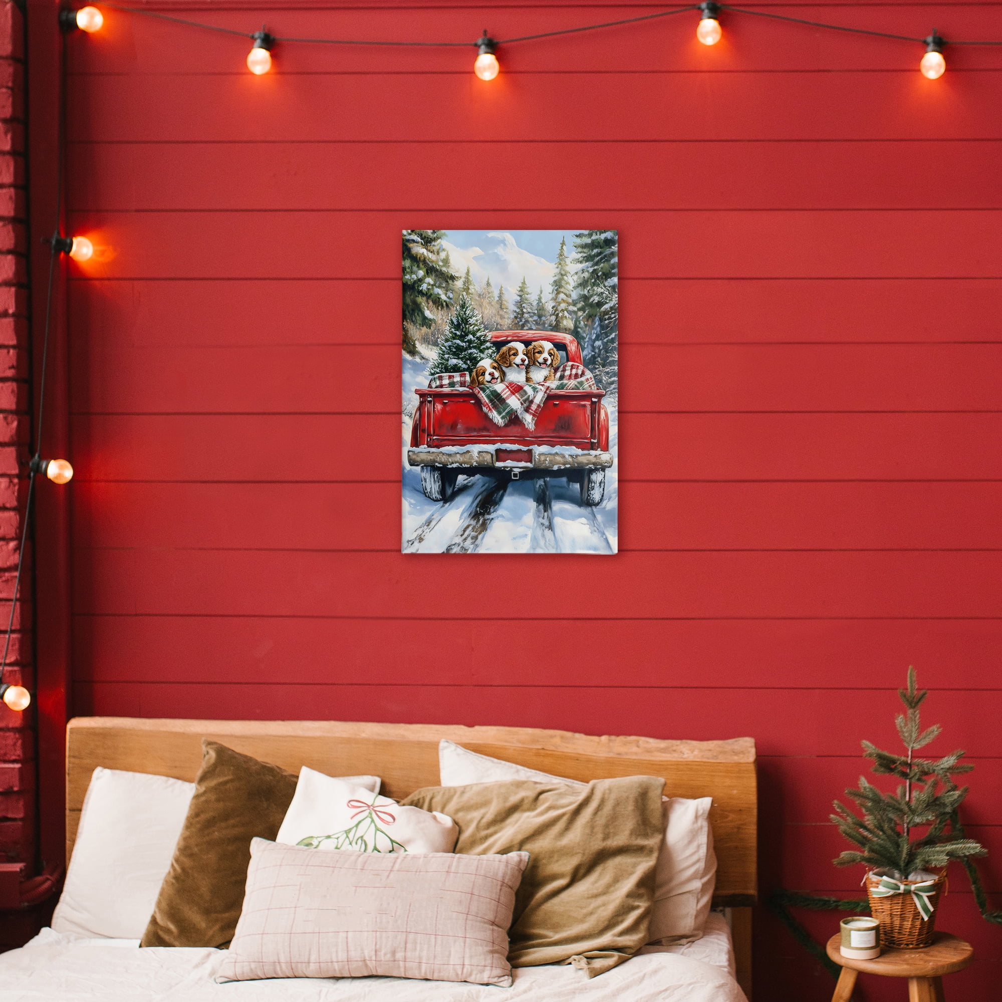 Christmas Truck Pups Trio Canvas Wall Art, design by Petal Prints Design