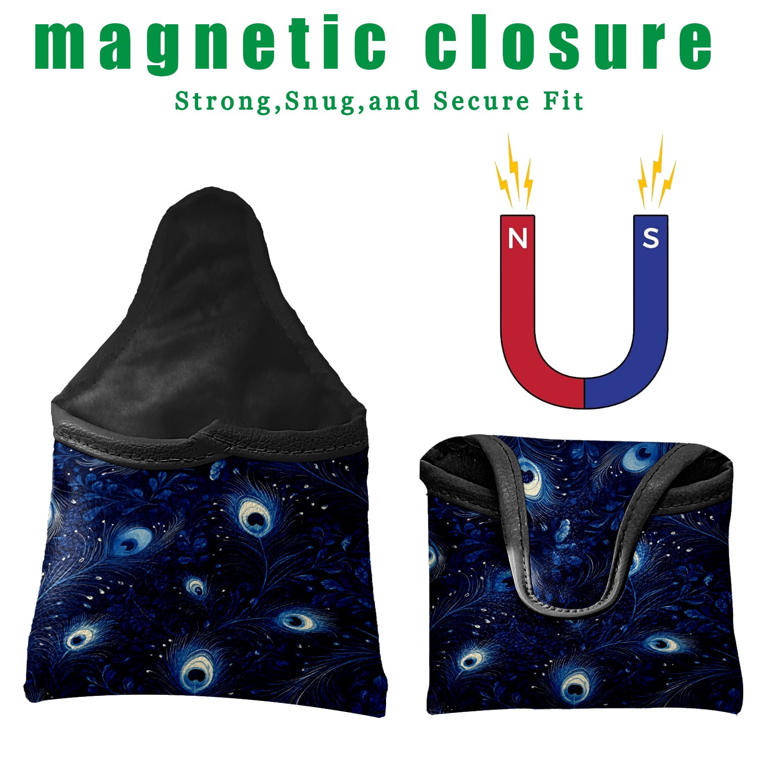 Golf Mallet Putter Cover Premium Leather Waterproof Golf Putter Head Cover with Magnetic Closure Blue Peacock Feathers