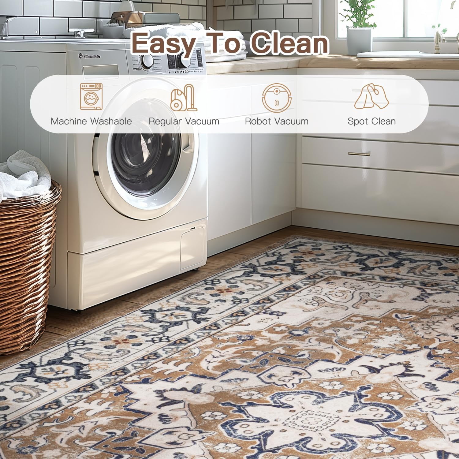 Reepow 8x10 Brown Beige Machine Washable Super Soft Faux-Wool Vintage Floral Boho Non-Slip Low Pile Large Area Rugs Carpet for Living Room Bedroom