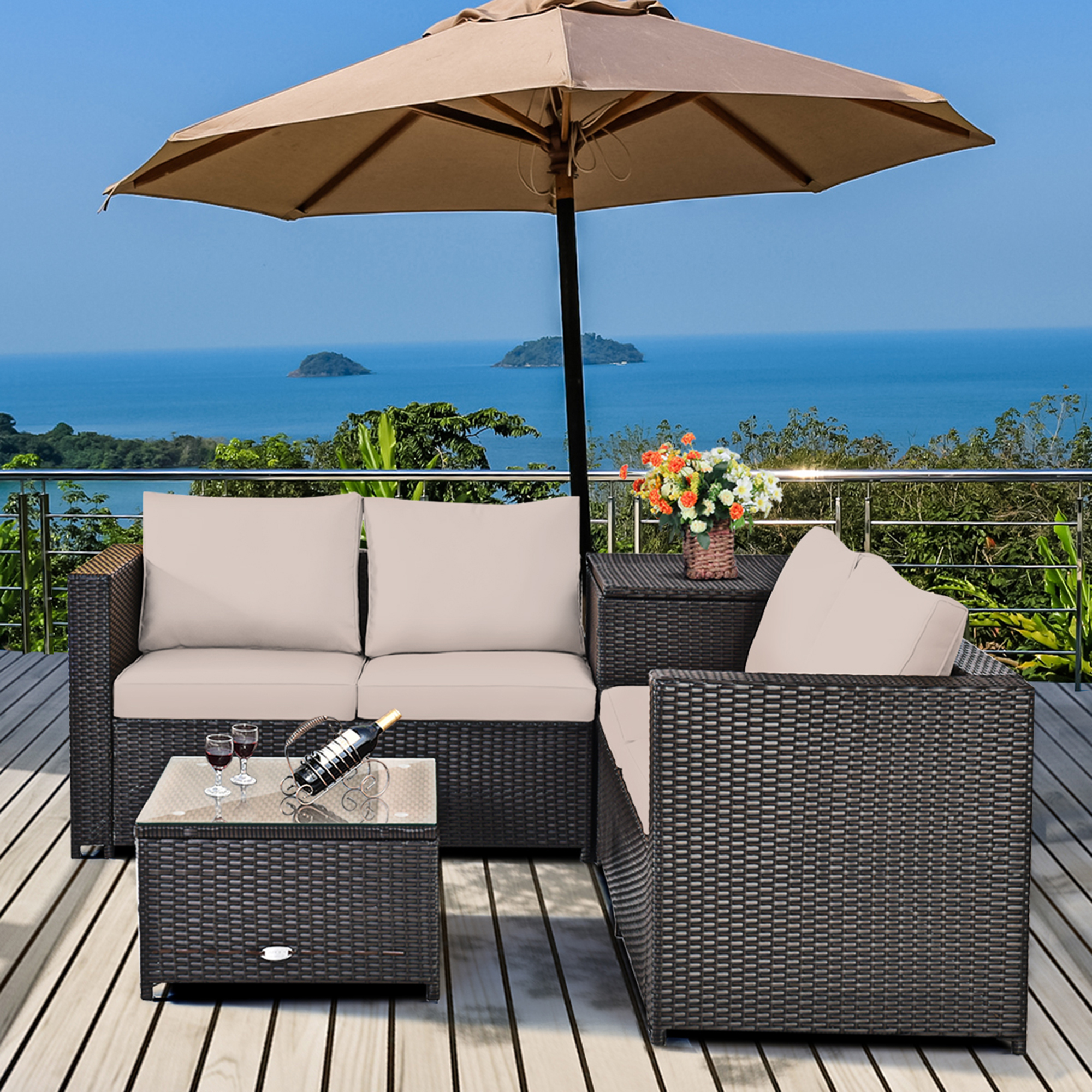 Gymax 4PCS Cushioned Rattan Patio Conversation Set w/ Coffee Table Side Table - image 3 of 10