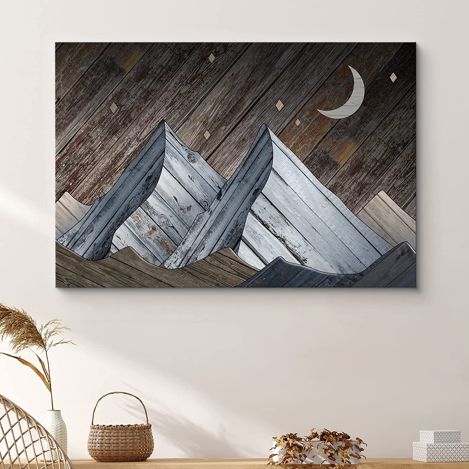 PixonSign Canvas Print Wall Art Woodblock Stars and Mountain Nature Wilderness Wood Panels