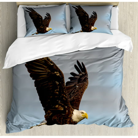 Eagle Queen Size Duvet Cover Set, Photo of a Hunter Bird Flying in Open Sky Majestic Animal Wildlife Freedom, Decorative 3 Piece Bedding Set with 2 Pillow Shams, Pale Blue Dark Yellow, by (Best Price Hunter Wellies)