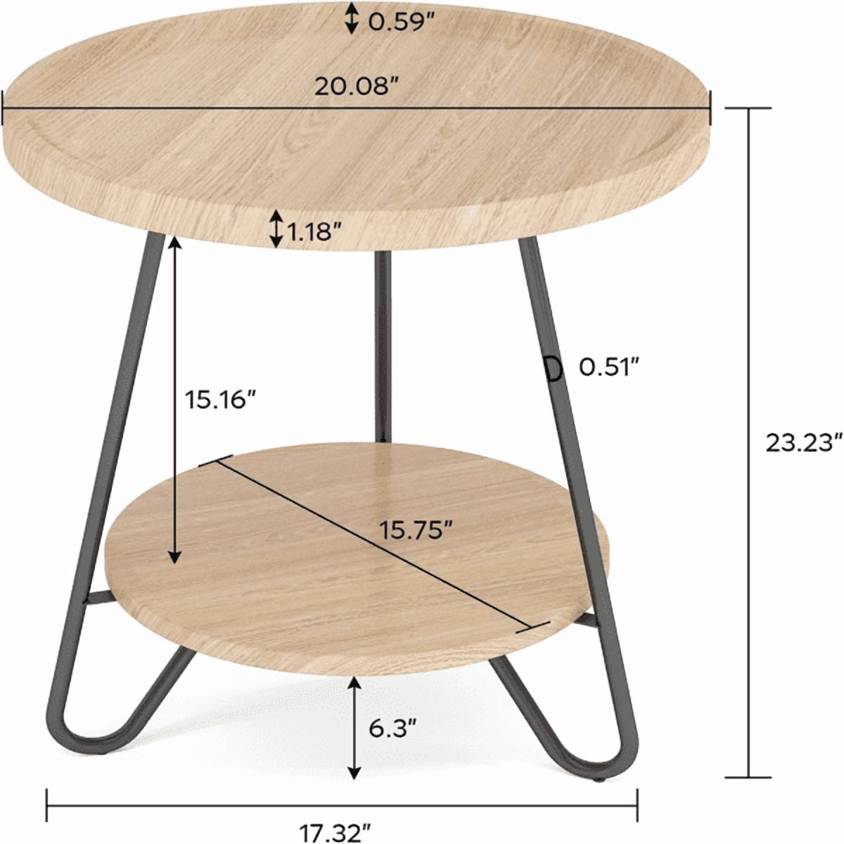 Round End Table with Lower Shelf, 20 inch Industrial Side Table for Living Room, Bedroom - Light & Dark Color Options, 70lbs Capacity
