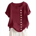 thumbnail image 2 of Blouse Linen Loose Short Sleeve Shirt Round Neck Woman Summer Top, Red, XXL, 2 of 5