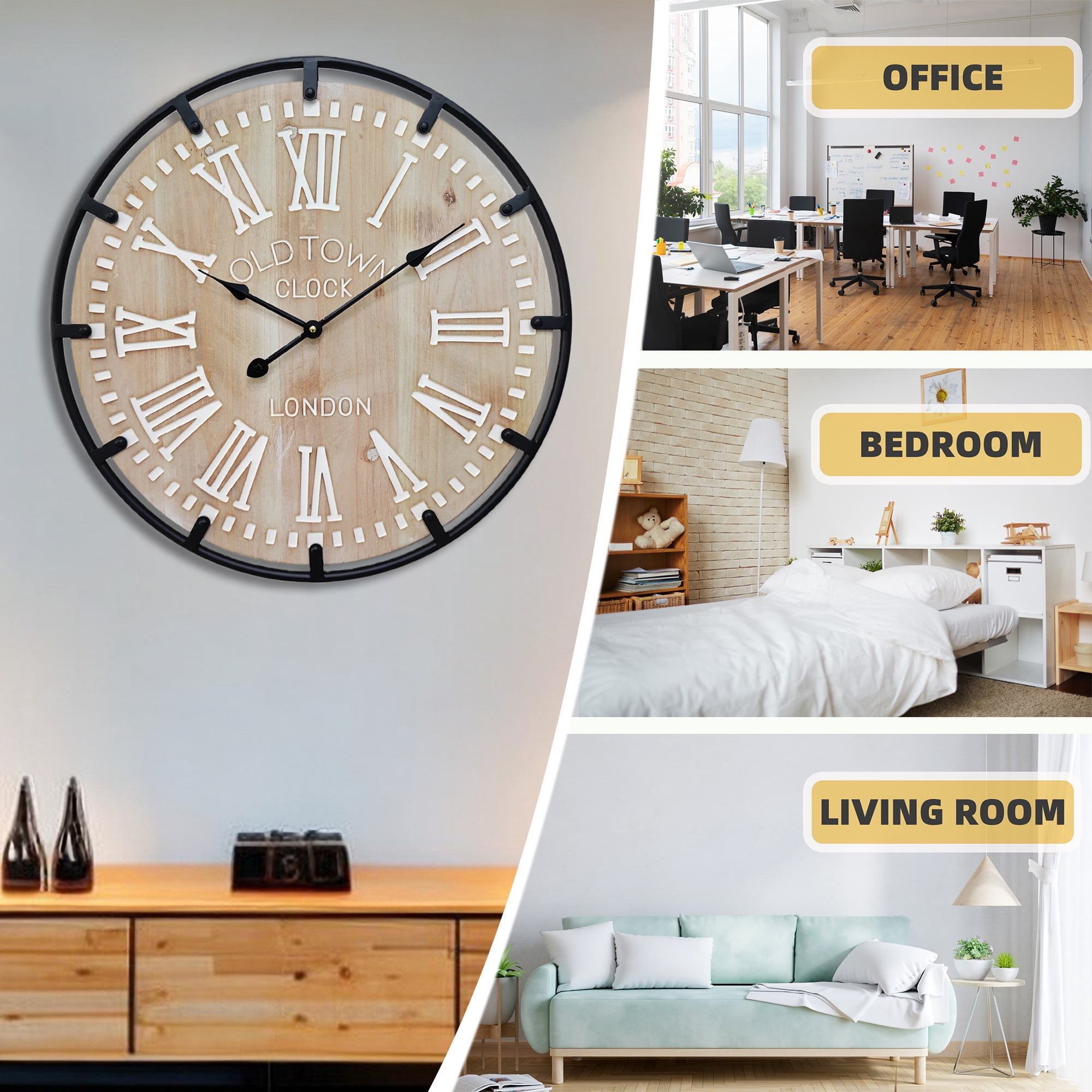 24 Inch Large Metal Frame Farmhouse Rustic Wooden Wall Clock with Engraved Roman Numbers