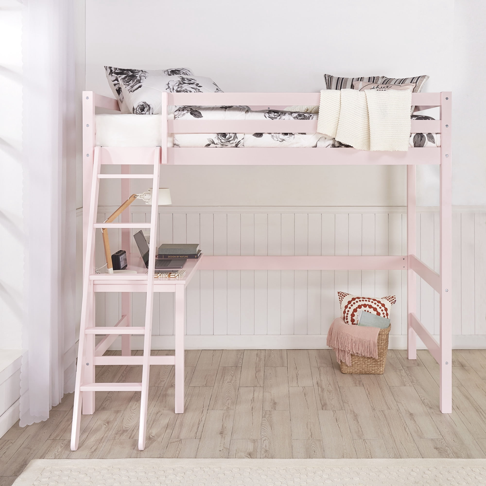 Hillsdale Caspian Wood Study Twin Loft Bed with Desk, Pink