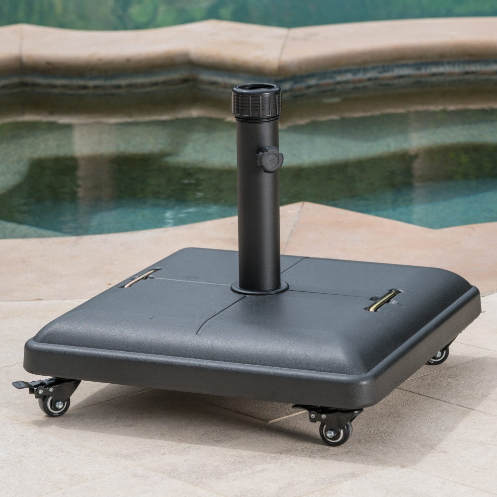 Square Concrete Umbrella Base with Wheels Heavy Duty Outdoor Patio Umbrella Stand with Adjustable Knob Black