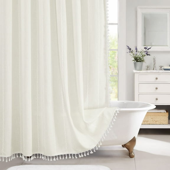 Small Stall Fabric Shower Curtain 36 x 72, White Half Size Narrow Cotton Linen Tassel Cloth Shower Curtains for Chic Modern Farmhouse Country Bathroom Decor