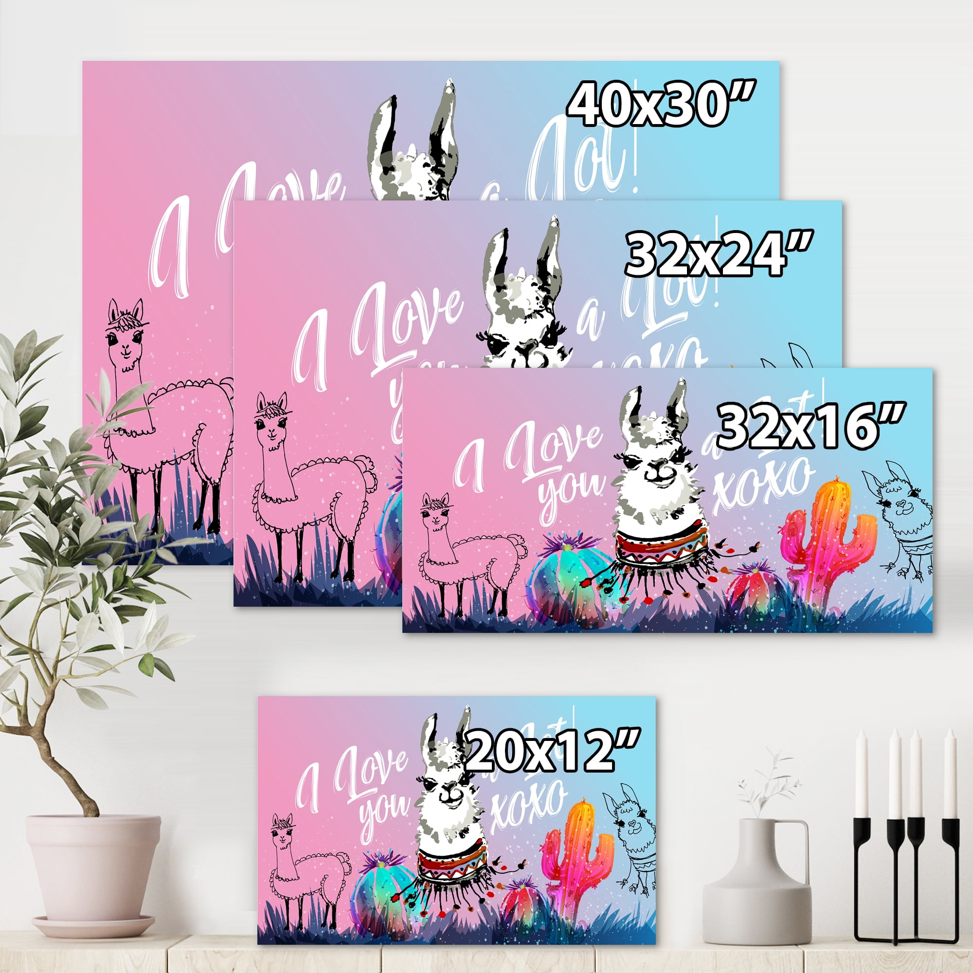 Designart ' I Love You A Lot Llama Alpaca Cartoon Portrait ' Children's Art Canvas Wall Art Print