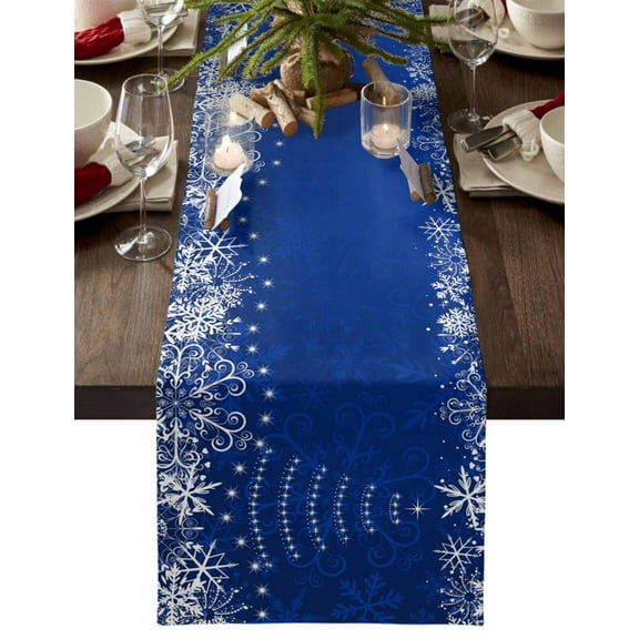Christmas Table Runner Blue Snowflake Table Runners Xmas Tree White Snow Cotton Linen Dresser Scarf Kitchen Dining Table Decor for Christmas Holiday Party Decor 13x90 Inch