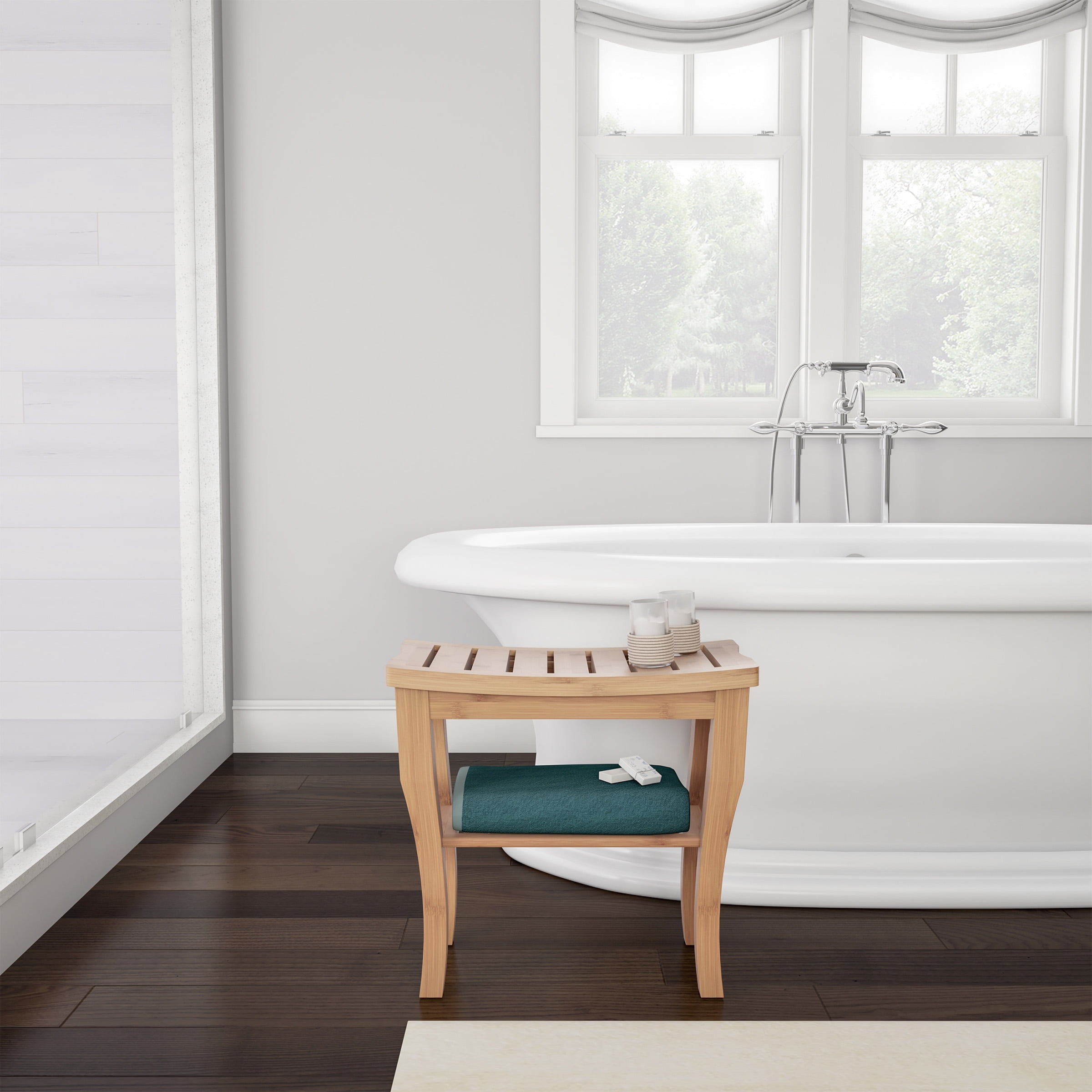 Lavish Home Shower Bench - Water Resistant Natural Eco-Friendly Bamboo with Storage Shelf for Bathroom