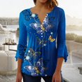 thumbnail image 1 of Womens Tops Ladies Top Floral Print V-Neck Short Sleeve Button T-Shirt Blue L, 1 of 5