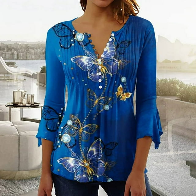 Womens Tops Ladies Top Floral Print V-Neck Short Sleeve Button T-Shirt Blue L