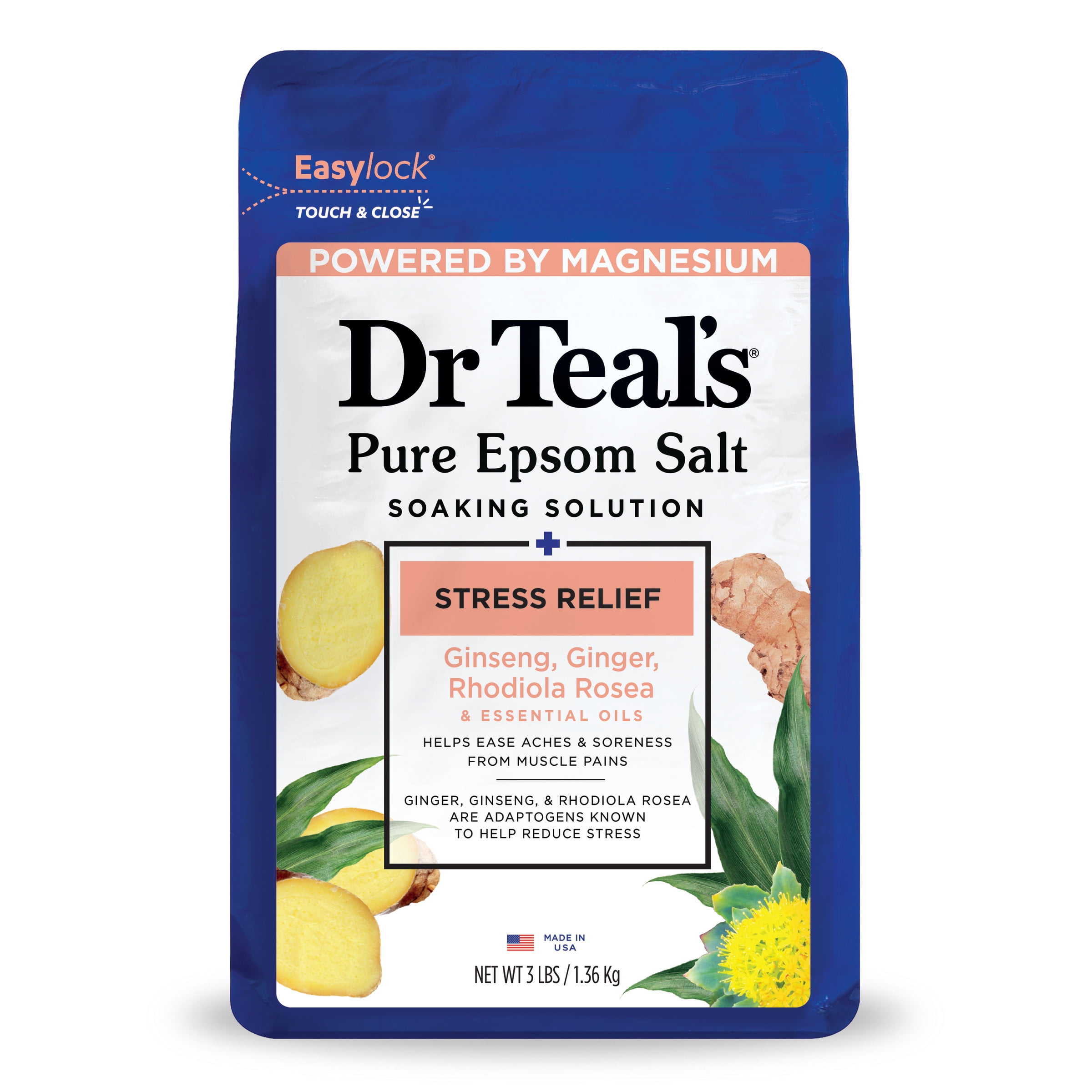 (2 pack) Dr Teal's Epsom Salt Magnesium Soak, Stress Relief with Ginseng & Ginger, 3 lbs