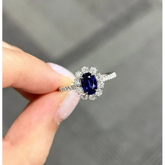 Jewelerix Oval Blue Sapphire Engagement-Wedding Ring with Diamond Halo and Pavé Band in 925 Sterling Silver Birthstone Jewelry Gift