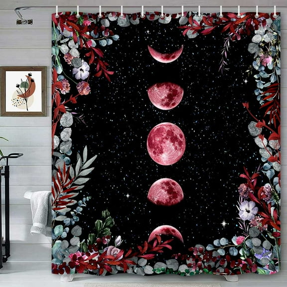Moon Phase Shower Curtain, Aesthetic Red Moon Moonlit Celestial Night Garden Plants Herbs Botanical Floral Sky Gothic Bathroom Decor Bath Curtain 12 Hooks Fabric Polyester Washable