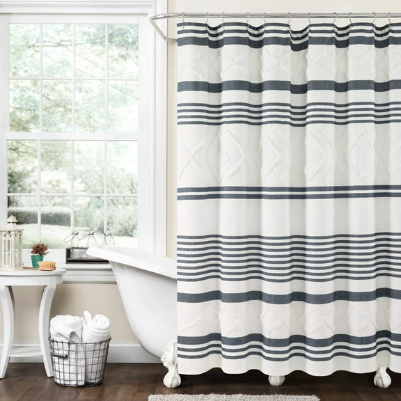 Urban Diamond Stripe Woven Tufted Eco-Friendly Recycled Cotton Shower Curtain Navy Single 72X72