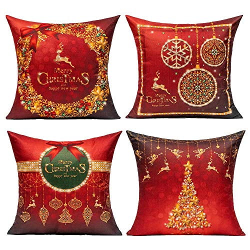 VAKADO Christmas Gold Decor Xmas Reindeer Throw Pillow Covers Red Winter Deer Outdoor Home Decorative Cushion Tree Snowflake Holiday Decoration for Couch Sofa 18X18 Set of 4 
