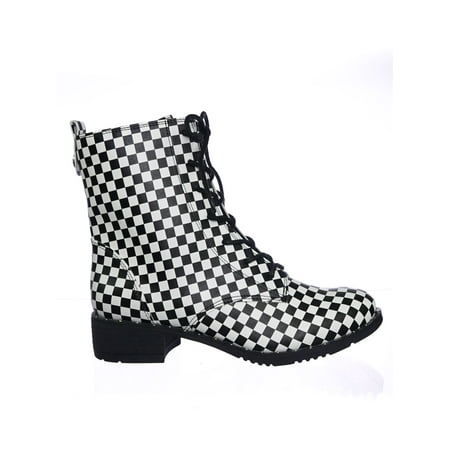 Felt Boots Bonfire01 by Bamboo, Faux Fur Lined, Checkered Print Military Combat Boots w Metal Stud Felt ()