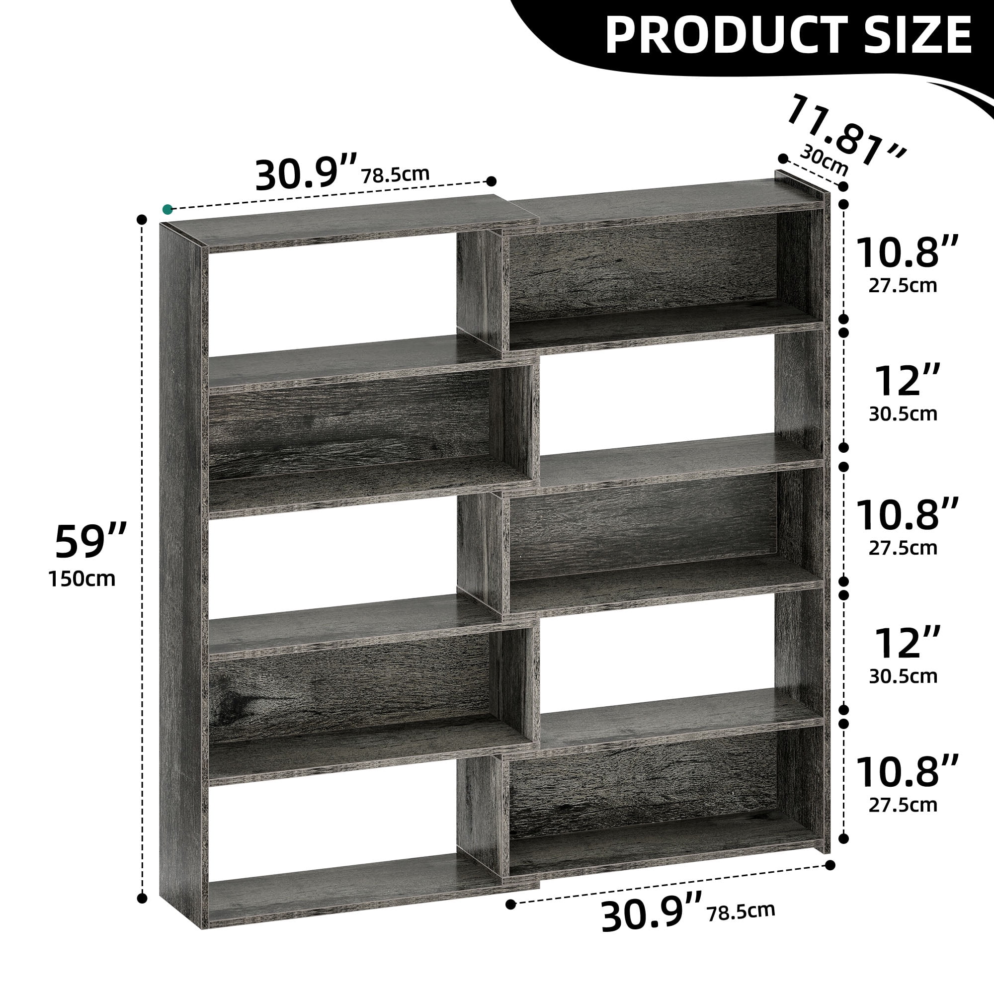 Dextrus 5 Tiers Bookcase with Baffles, Industrial Large Etagere Corner Bookshelf, Display Rack, Gray