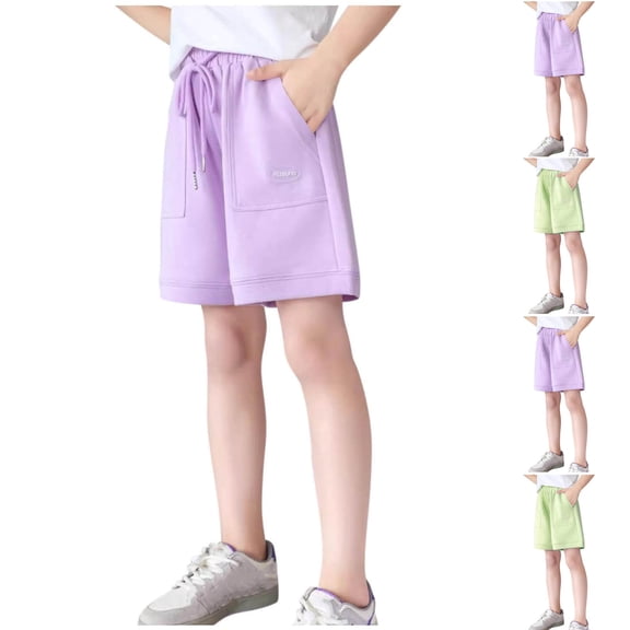 Eltusu Girls Cotton Athletic Shorts, Elastic Waistband Loose Fit Soft Knee Length Purple Size 10-12 T
