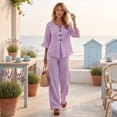 thumbnail image 4 of Women's 2 Piece Linen Matching Set V Neck Ruffle 3/4 Sleeve Button Down Gingham Plaid Top Wide Leg Pants Casual Outfit, L, 4 of 7