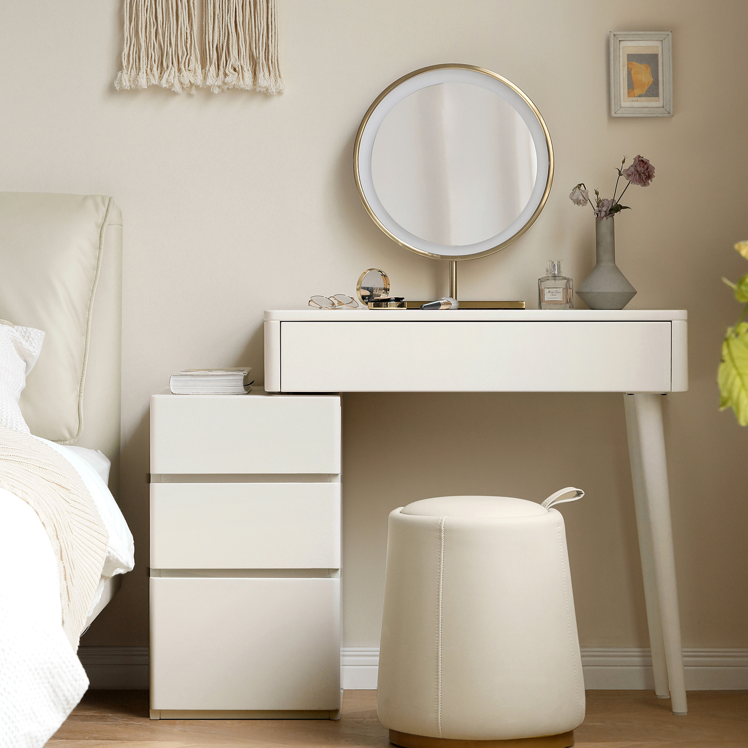 MAYEERTY Solid Liriodendron Wood Dresser Table with Stool – Elegant White Vanity with Storage Drawers