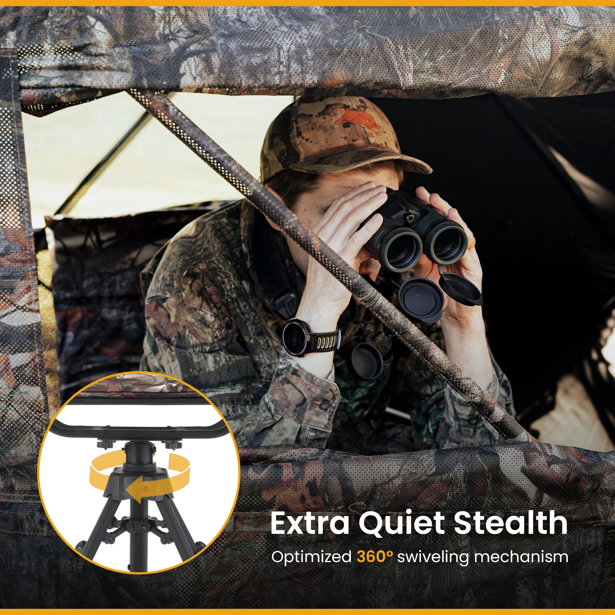 ARROWHEAD OUTDOOR Wide Folding 360° Hunting Swivel Blind Chair with Removable Camouflage Seat Pad, Armrest, No-sink Feet, Shoulder Strap, Mesh Chair, Adjustable Height
